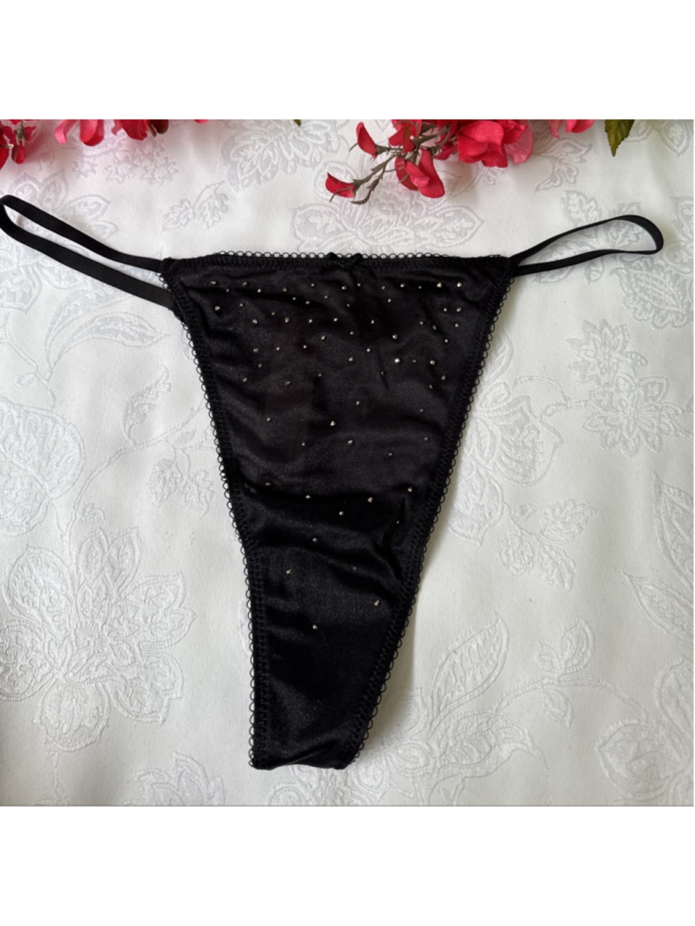 VICTORIA'S SECRET XXL BLACK RHINESTONE STRING THONG STRAPPY BLING PANTIES NWT